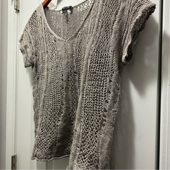 EILEEN FISHER Sweater PP Linen Metallic Cotton Crochet Stitch Short Sleeve Gray - Picture 4 of 9